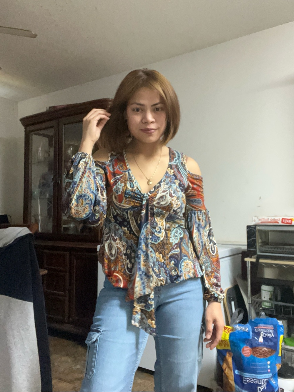 Womens Paisley Cold-Shoulder Tie-Front Blouse - Multicolor